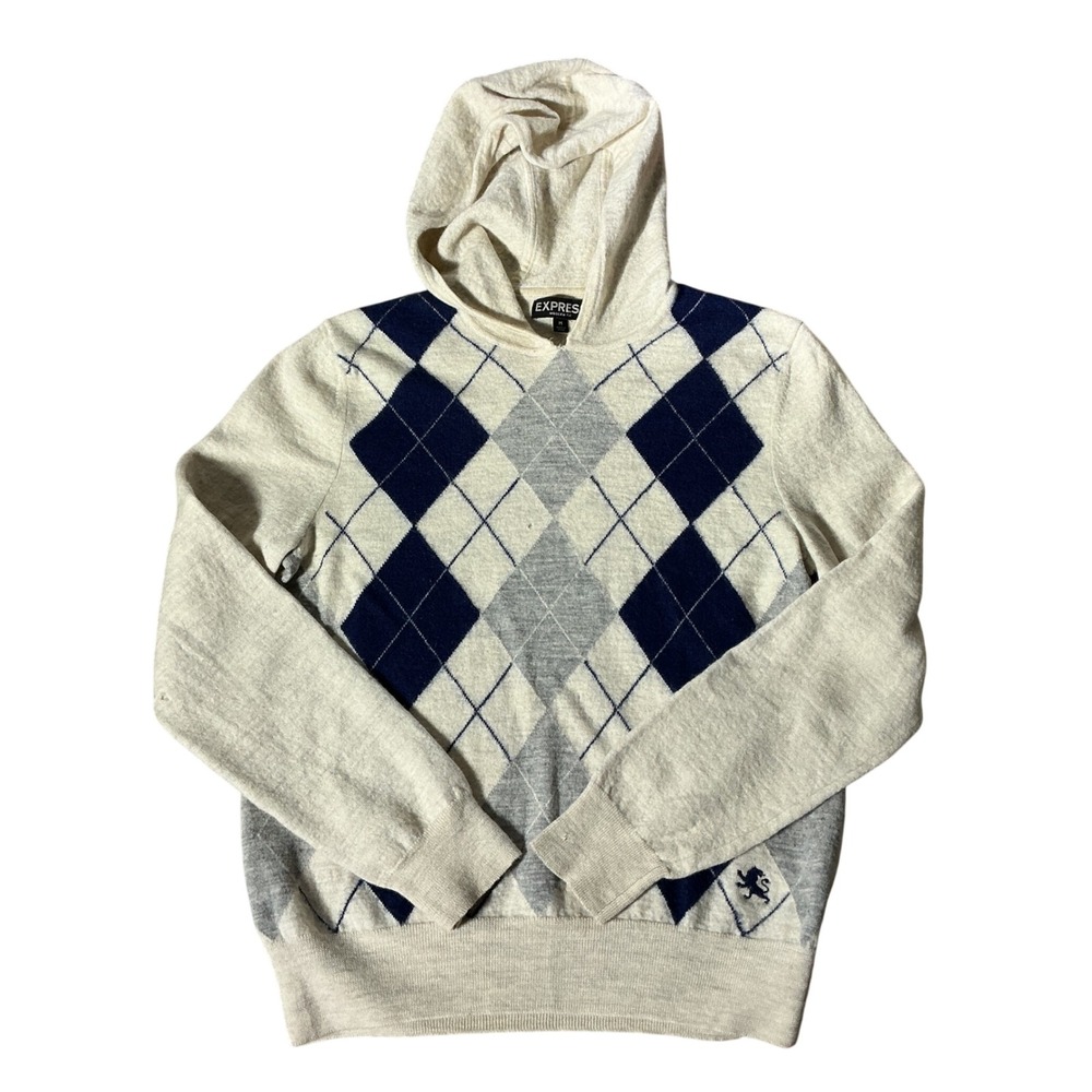 Express Argyle Merino Wool Hoodie Sweater Mens M Cream Navy Preppy Modern Fit